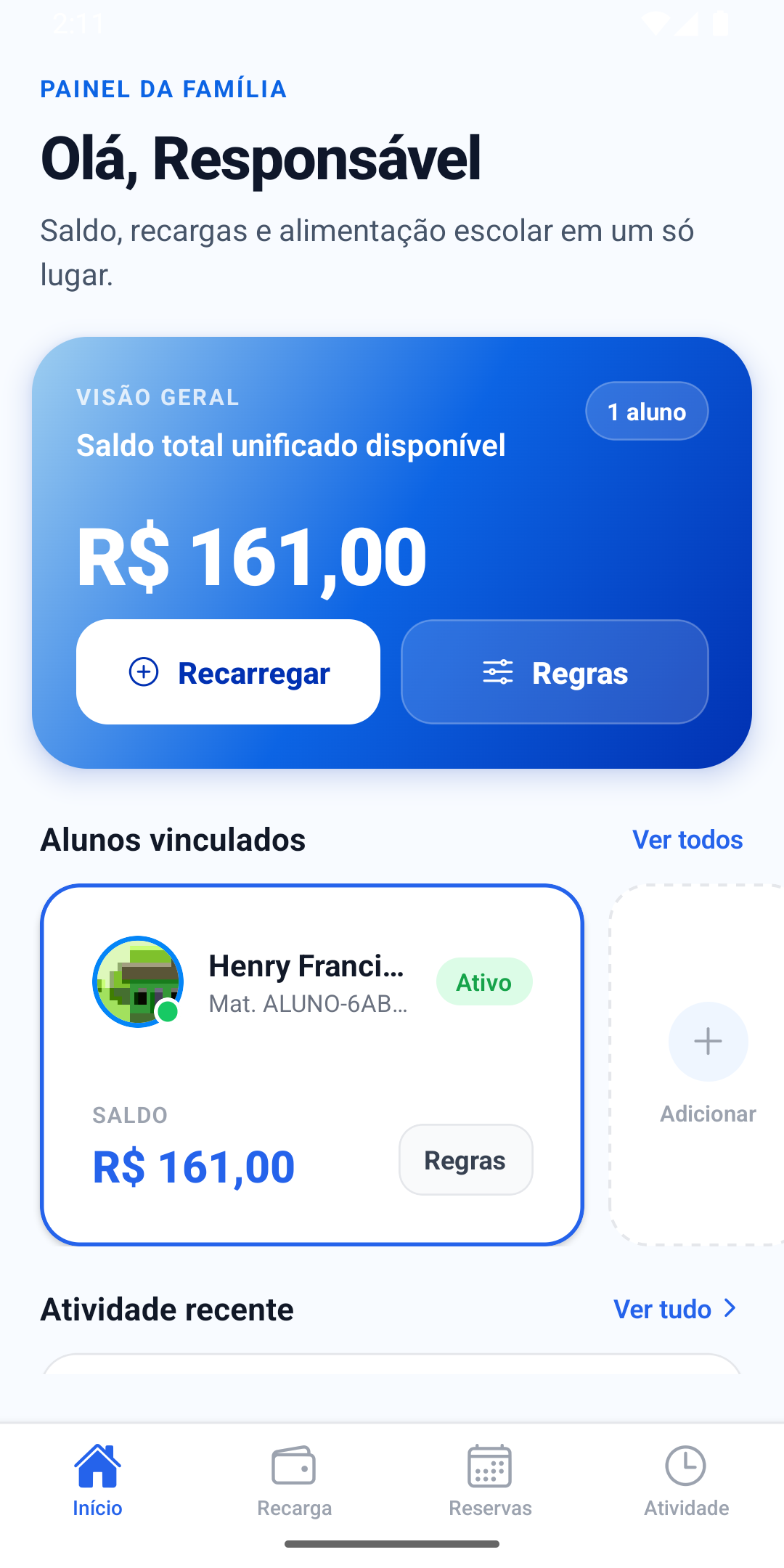 App cantinaX para pais: recarga via Pix, saldo e histórico de compras